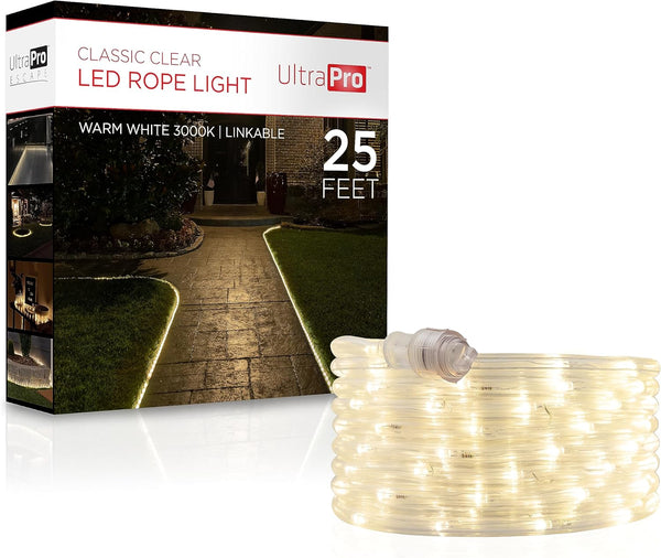 UltraPro LED Rope Lights, 25ft Classic Clear, Warm White Light 3000K, Flexible, Linkable, Indoor/Outdoor, Durable
