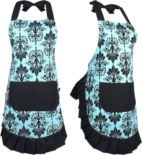 G2PLUS Vintage Damask Mothers Apron for Women, Extra Long Ties, Pockets, 28 x 27 Inch, Perfect for Cooking, Baking,