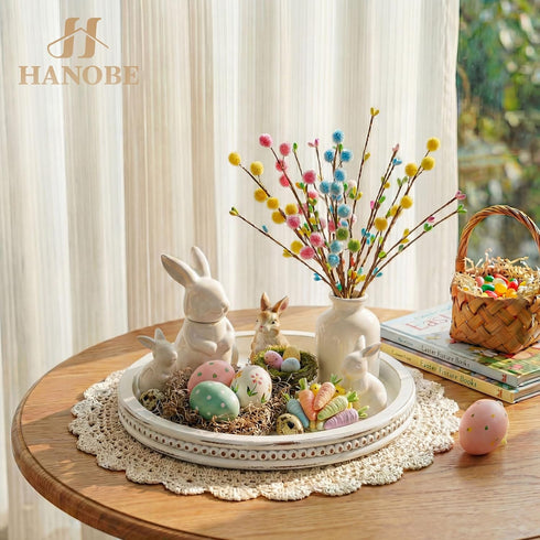 Counter Hanobe Round Wooden Decorative Tray: White Washed Bead Tray Decor for Coffee Table Centerpiece Rustic Farmhouse