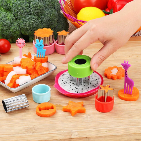24pcs Vegetable Cutter Shapes Set, Mini Cookie Cutters, Fruit Cookie Pastry Stamps Mold with 30pcs Food Picks and Forks