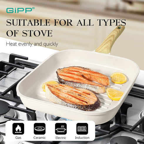 GiPP Nonstick Grill Pan for Stove Tops, 11 Inch Square Grilling Pan for Indoor and Outdoor Cooking, PFOA Free
