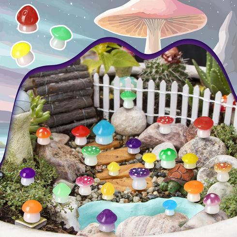 RoundFunny 126 Pcs Tiny Resin Mushrooms Glow in the Dark Mini Mushrooms for Craft Luminous Figurines for Garden