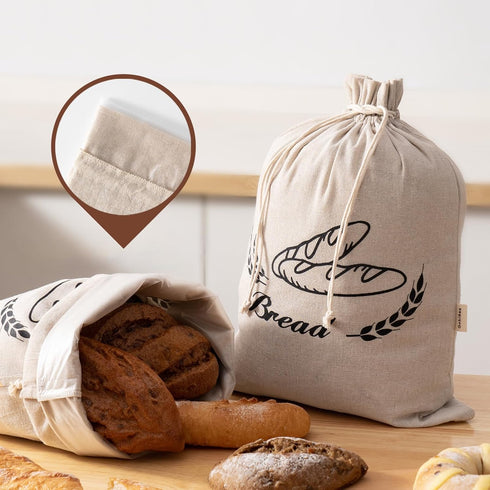 2 Pack 17" 13" Linen Bread Bags for Homemade Bread - Plastic Lined - Reusable Linen Sourdough Bread Storage Bags