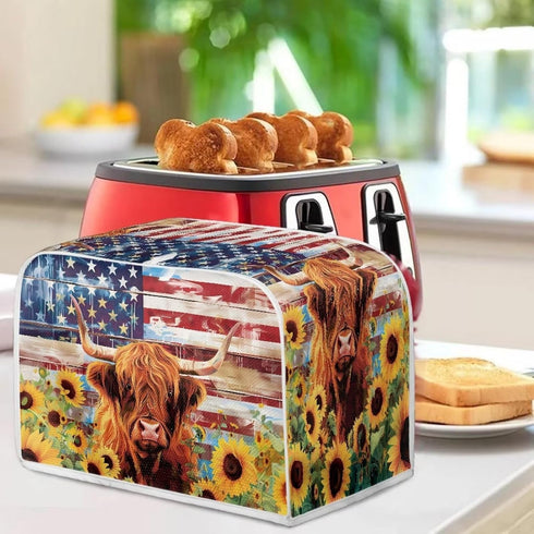 American Flag Toaster Cover, 2 Slice Wide Slot, Highland Cow Sunflower Print, Washable Stain Resistant Small Appliance