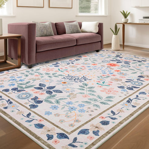 YIHOUSE 5x7 Pink Area Rug, Washable Bedroom Rug Floral Non Slip Soft,