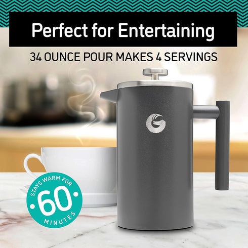 Coffee Gator French Press Coffee Maker, Thermal Insulated Brewer with Travel Jar, 34oz, Double Wall Stainless Steel