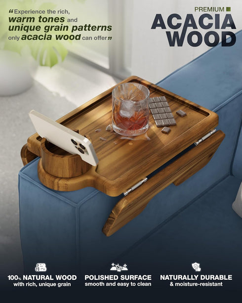 2-in-1 360 SS304 BLUEWEST Couch Cup Holder Tray & Sofa Arm Tray Large Acacia Wood Clip-On Side Table with Cup Holder on