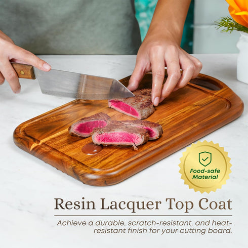 Acacia Wood Cutting Board with Juice Groove, Grip Handle for Meat, Vegetables, and Cheese, Knife Friendly