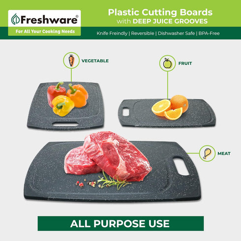 Plastic Cutting Boards Set of 3 for Kitchen, Juice Grooves, Easy Grip Handle, BPA-Free, Non-Porous, Dishwasher Safe