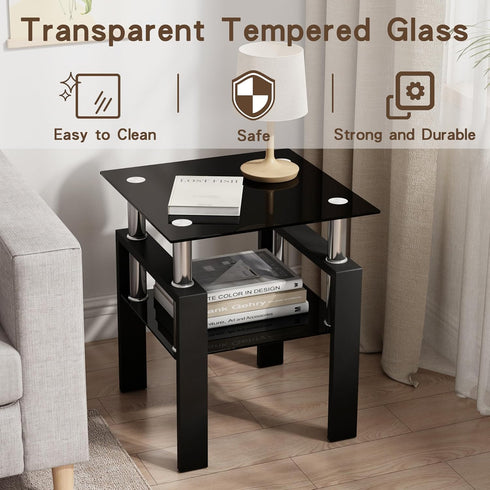 2-Tier (1, Glass Side Table Modern Glass Top Corner Table Living Room Square Side Table with Metal Leg for Living Room