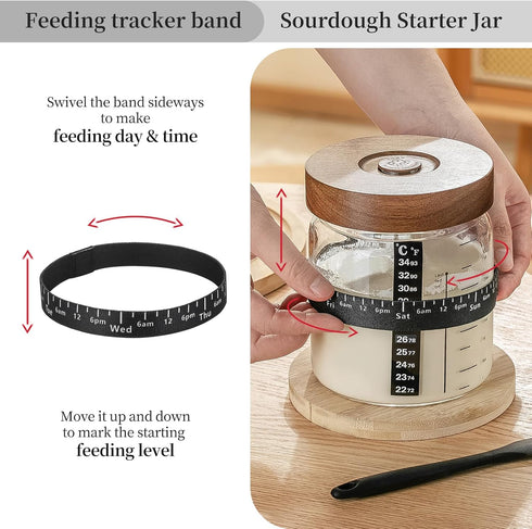 2PackWood Exhaust,35OZ Sourdough Starter Jar Sealed Lid with Automatic with Ounce Scale Line,Date Marked Feeding Band