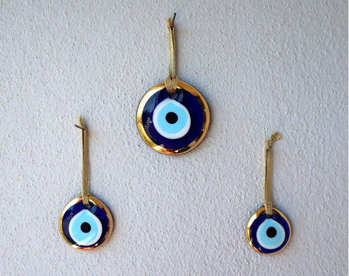 Gold Gilt Handmade Evil Eye Glass Charm, Decorative Christmas Ornament Set of Three (1.5"-2"-2.7")