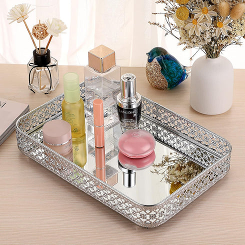 ELLDOO Mirror Tray, Hollow-Carved Jewelry Tray for Vanity, Glass Metal Trinket Storage Organizer for Bathroom