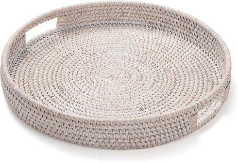 13.8 inch Round Rattan Tray, Decorative Coffee Table Tray, Ottoman Tray, Woven Serving Tray with Handles, Wicker