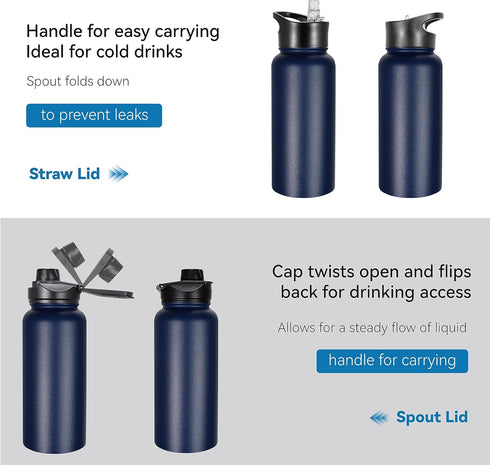 VEGOND 32 oz Insulated Water Bottle Bulk, Stainless Steel Metal Water Bottles with Leak Proof Straw Lid & Spout Lid, 4