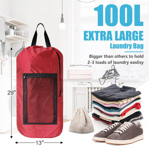 Portable Laundry Bag Backpack, Adjustable Shoulder Straps, Travel Dirty Laundry Bag with Drawstring Closure