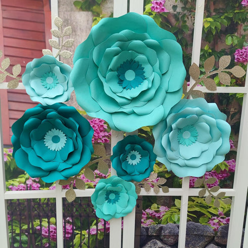 Pack 6 Turquoise Teal Paper Flower with Gold Leaf for Wall Living Room Bed Room Wall Decoration Wedding Birthday Bridal