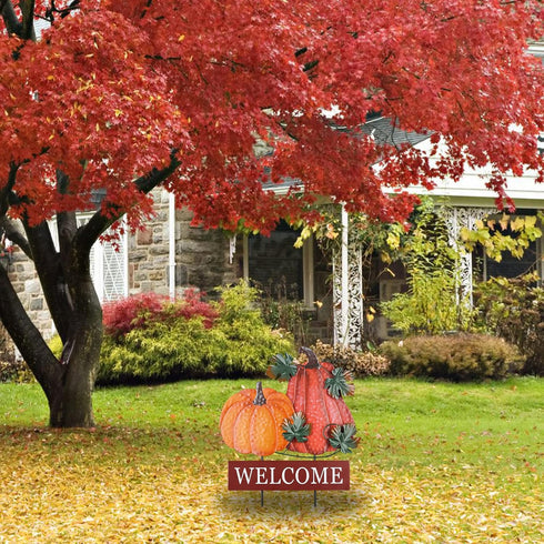 YEAHOME Fall Decorations, 22" Decorative Garden Stakes with 2 Pack Pumpkin Welcome Sign for Outdoor Yard Decor