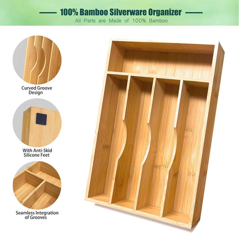 Bamboo Kitchen Drawer Silverware Organizer, 9 Inch Tray Holder for Small Drawer, 5-Slots Cutlery Tray