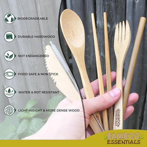 Travel Utensils Set with Case, Fork, Knife, Spoon, Chopsticks, Straw, Cleaning Brush, Pouch, Carabiner, 2 Sets