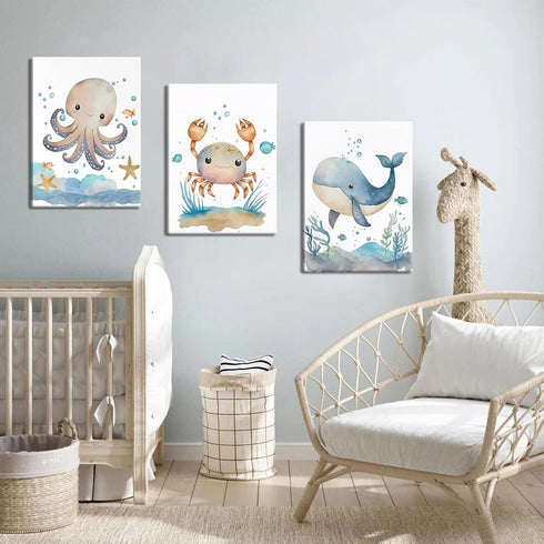 Set 3, 12x16 Inch Ocean Nursery Wall Art of Sea Animal Baby Boys Room Canvas Wall Decor Paintings, Watercolor Ocean