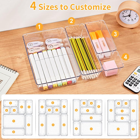 SMARTAKE 28 Piece Drawer Organizers with Non-Slip Silicone Pads, Clear Storage Tray for Makeup, Jewelry, Utensils