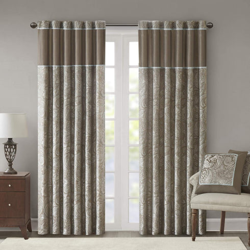 Madison Park Aubrey 2 Panel Curtain - Faux Silk Paisley Jacquard, 50x84, Taupe, Room Darkening