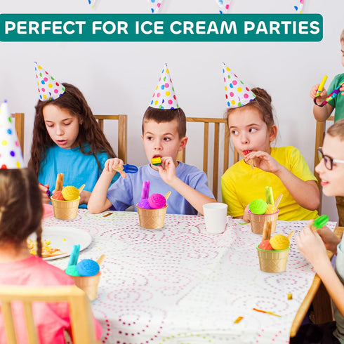 Set (Pack 6) Frozen JoyServe Ice Cream Bowls and Spoons - of Reusable Plastic Ice Cream Cups and Waffle Cone Shaped