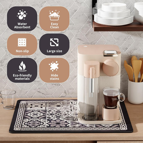 Coffee Mat, Boho Style Dish Drying Mat, Fast Water Absorption, Easy to Clean, Fit for Coffee Bar Accessories