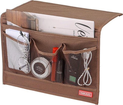 HAKACC Bedside Organizer with Hanging Pocket, Remote Holder for Bed Accessories, Brown