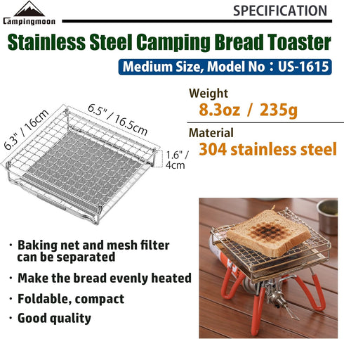CAMPINGMOON Camping Toaster for Gas Stove, 304 Stainless Steel Bread Toaster with Anti-Scalding Mesh Fork US-1615