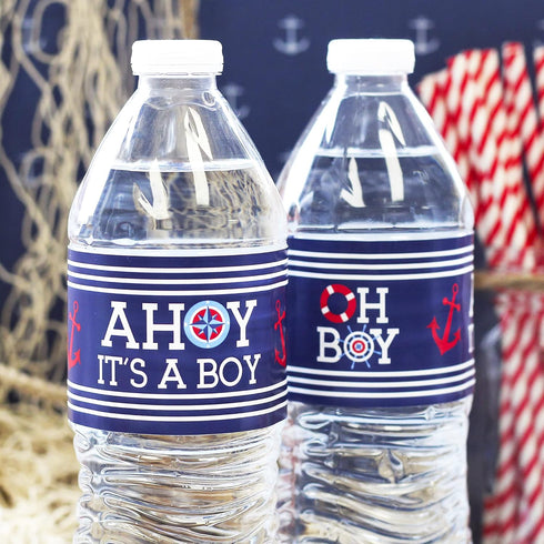 Ahoy Its a Boy Baby Shower Water Bottle Labels - Nautical Waterproof Stickers, 24 Count Party Favor Decorations