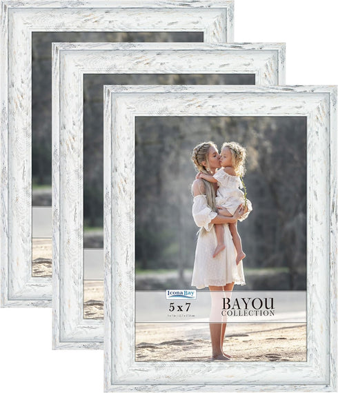 Icona Bay 5x7 Picture Frames, Cloudy White, 3 Pack, Cape Cod Style, Table Top or Wall Mount