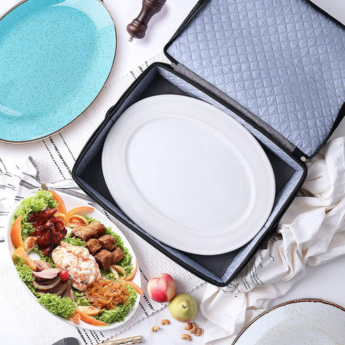 Fine China Storage Containers – Platter Storage Case, Hard Shell, Quilted, Stackable 16”x12.5”x3.5” with Zipper,