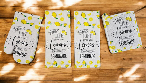 Lemon Kitchen Towels and Pot Holders Set: Colorful Printed "When Life Gives You Lemons, Make Lemonade" on 100% Cotton