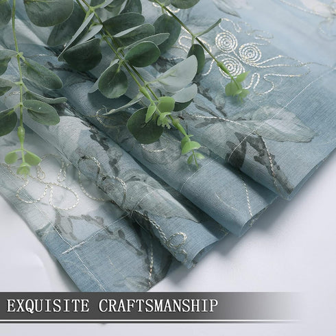 Tollpiz Blue Floral Sheer Curtains, Flower Print Vine Embroidery, 54 x 63 inches, Set of 2 Panels for Bedroom & Living