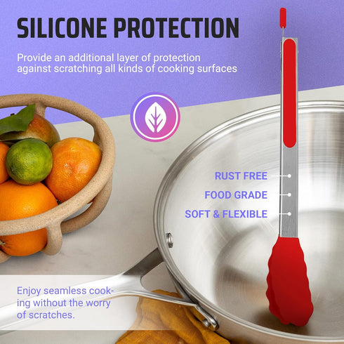Kaluns Kitchen Tongs, Silicone Tip Stainless Steel Set with Heat Resistant Spatula, 7, 9, 12 Inch