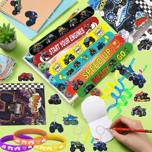CZWXOXO 122PCS Set, Monster Truck Party Favors Jam Birthday Decorations Including Theme Slap Bracelets, Keychains, Gift