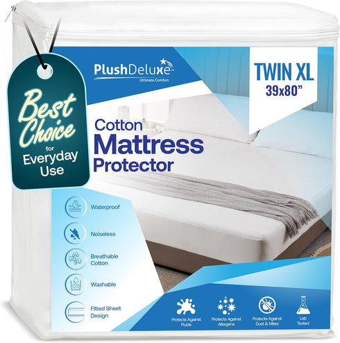 PlushDeluxe Twin-XL Cotton Mattress Protector Waterproof Cover with Fitted Sheet Design Soft