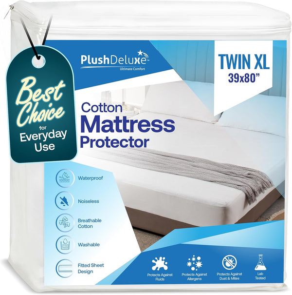 PlushDeluxe Twin-XL Cotton Mattress Protector Waterproof Cover with Fitted Sheet Design Soft