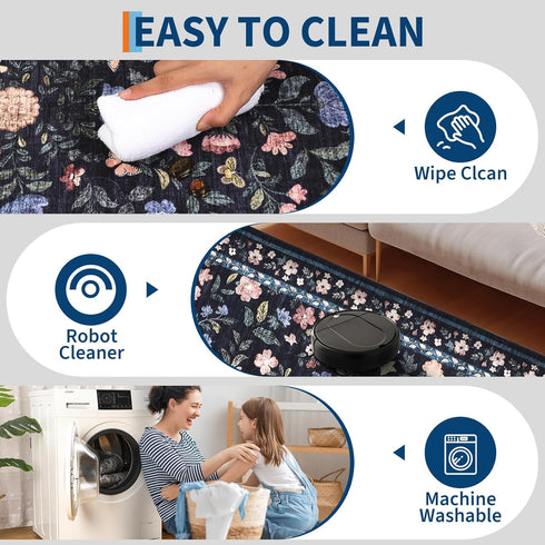 4x6, GarveeHome Floral Washable Rug Non-Slip Low Pile Botanical Carpet, Vintage Farmhouse Area Rug for Bedroom Nursery