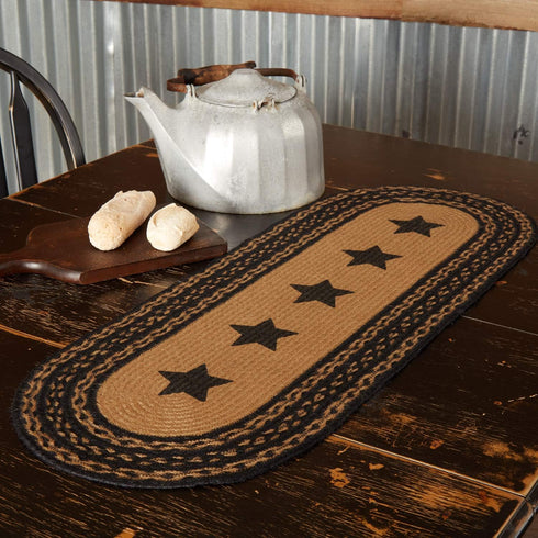 13"x36" VHC Brands Farmhouse Primitive Jute Black Textured Table Runner w/Stenciled Stars