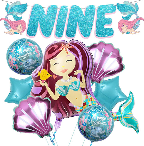 Giant Mermaid 9th Birthday Decorations for Girls, Pack of 8 Mermaid Party Decorations with Balloons & Favors