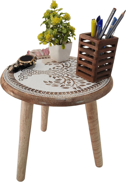 3) VANIYA CRAFTS Wooden Engraved Fold-able Side Table/End Table/Plant Stand/Stool for Living Room Bedroom Restaurant
