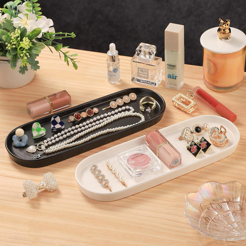 VanEnjoy White Ceramic Vanity Tray for Bathroom Counter, Long Narrow Tray for Kitchen Counter Soap Bottles