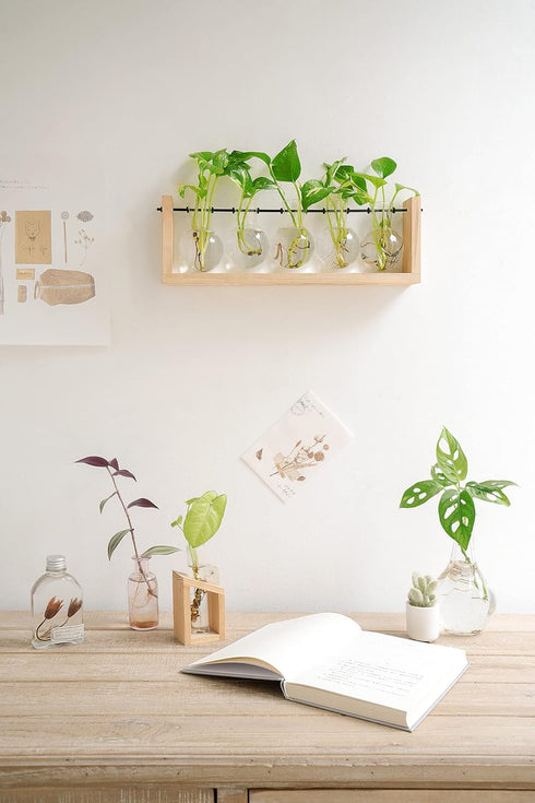 (5 Bulb Mkono Plant Terrarium with Wooden Stand, Wall Hanging Glass Planter Desktop Plant Propagation Vase with Metal