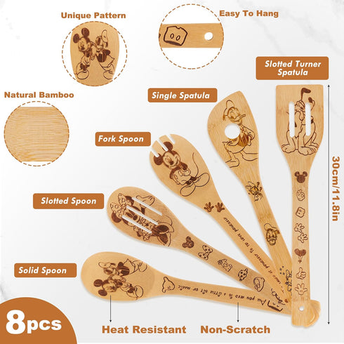 Mouse Wooden Spoons for Cooking, Cartoon Bamboo Utensils Set with Apron, Oven Mitt, Potholder, 8PCS Cute Gifts for