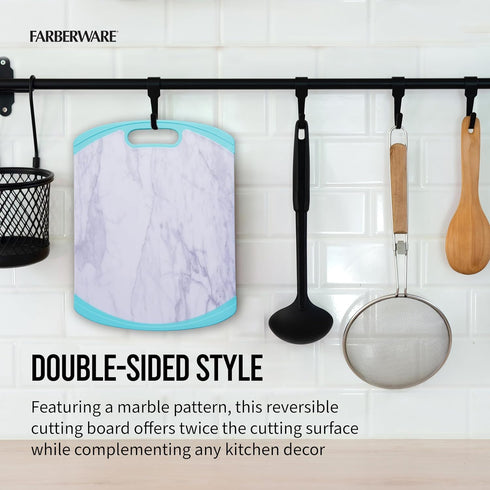 Farberware Plastic Cutting Board with Aqua Nonslip Edges, Stylish Marble Pattern, 11x14-Inch