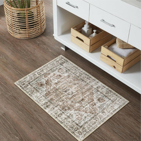 Boho Distressed Khaki Bathroom Rugs, Comfy Velvet Non-Slip Washable Bath Mat, Vintage Oriental Toilet Rug 18x26 inch