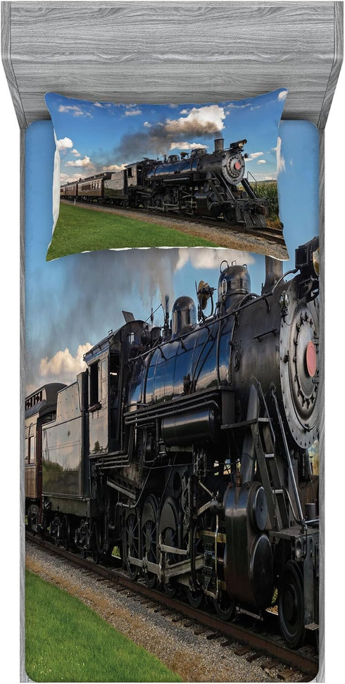 Ambesonne Steam Engine Bedding Set with Sheet & Covers, Vintage Locomotive in